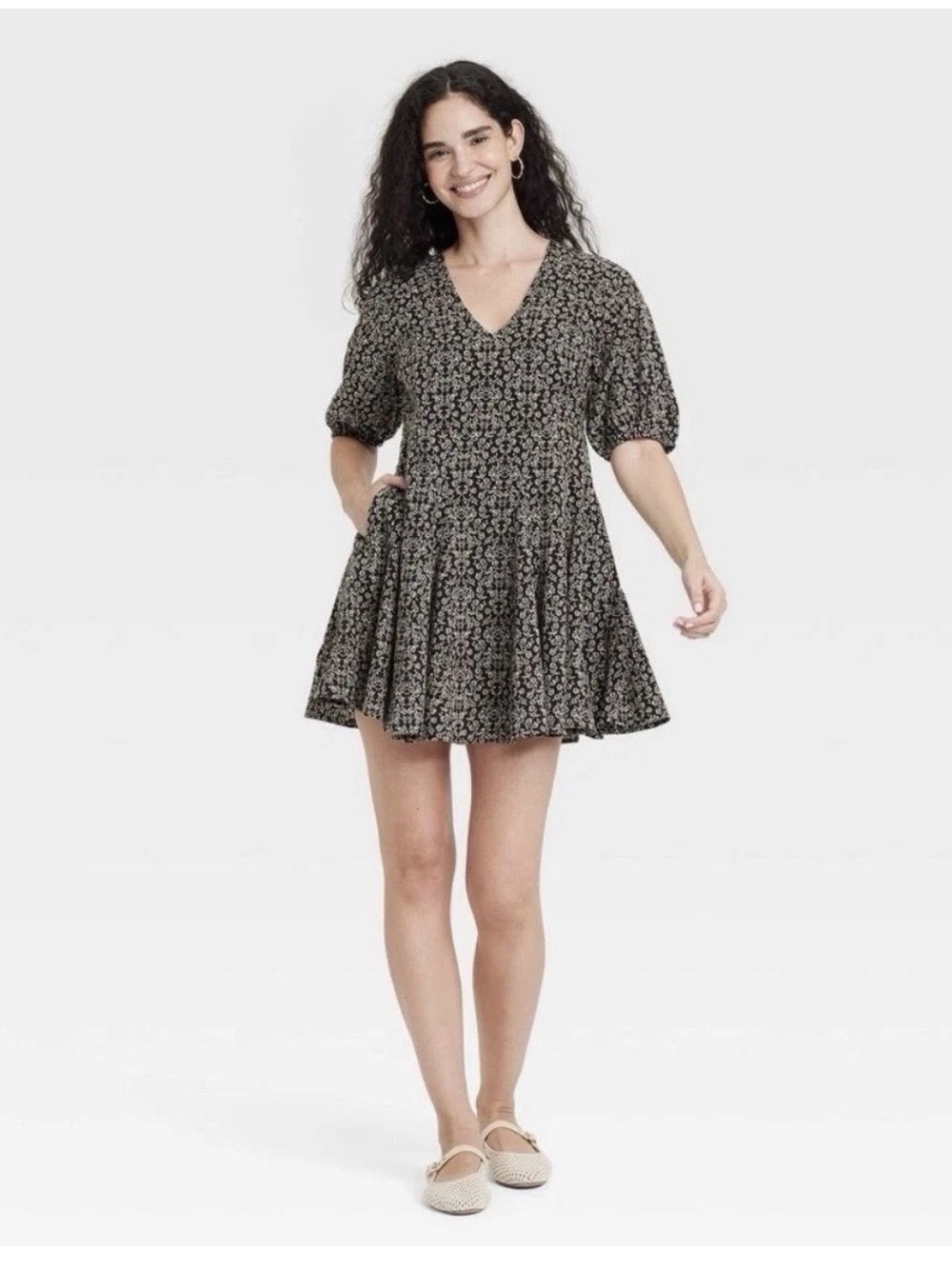 Universal Thread Black and Cream Floral V-Neck Mini Dress